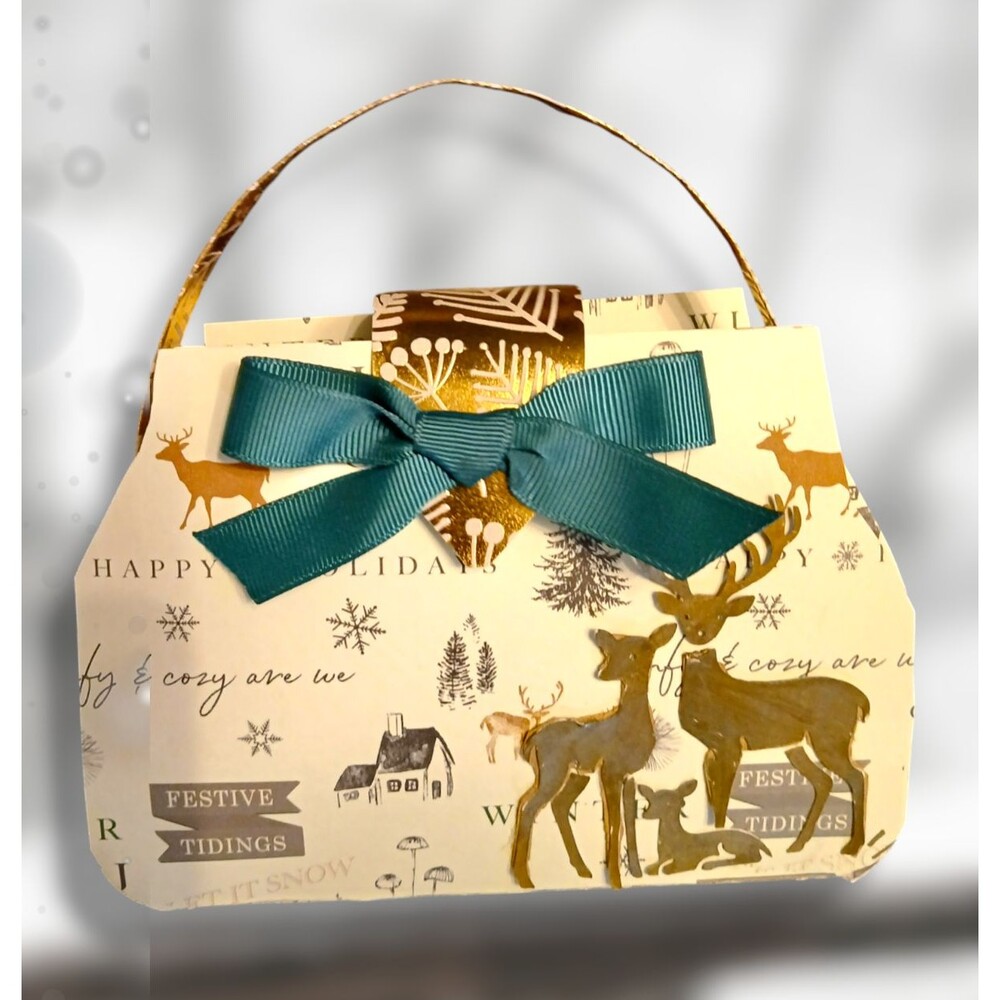 Handmade Paper purse gift bag gift card holder Christmas Gold Deer Green Bow OOK